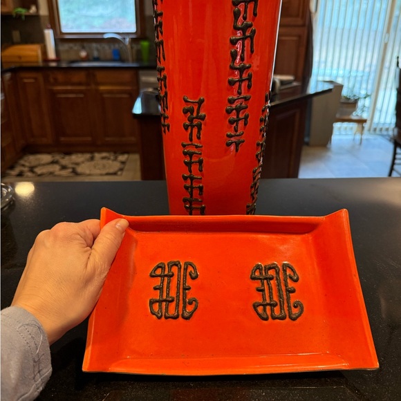 Vibrant Orange Decorative Tray and Vase Set
